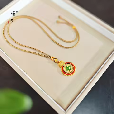 New 9999 24K real gold dot diamond filigree peace buckle diamond ariel lion pendant necklace rotatab