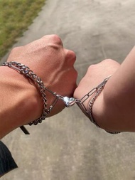 Pulsera magnética en capas con dije de corazón de pareja de acero inoxidable de 2 piezas para hombre de moda y popular para regalo de joyería y para una apariencia elegante