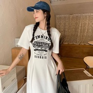 Narrow-waisted Dress Printed Letters Plus Size Fat mm Loose Retro T-Shirt Dress Long American Women's Summer Slimmer Look