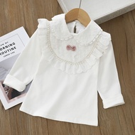 110-160 Girls White Long Sleeve Shirt Lace Collar Bottoming Blouse for 2-14 yrs old