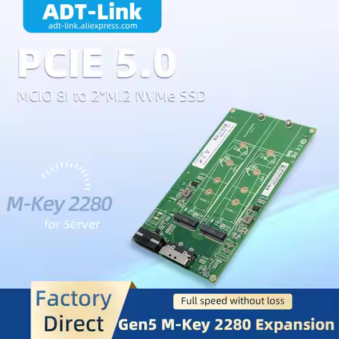 PCIe 5.0 MCIO 8I to 2*M.2 NVMe SSD Adapter Card Gen5 M-Key 2280 Expansion Converter for Server Deskt