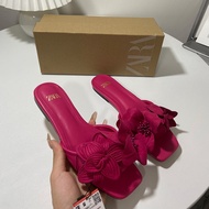 ZARA Flat Shoes Women's Half Trailer Summer New Flower Pink Back Air Sandals Round Toe Outer Wearing Beach Women's Shoes