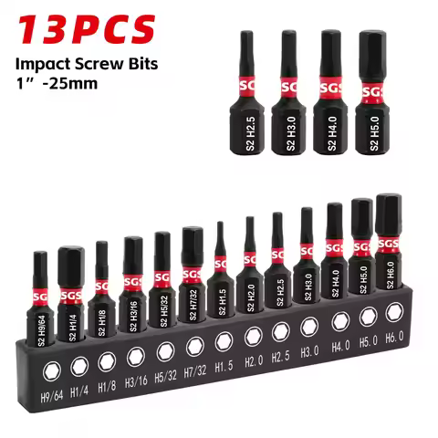 13-Piece S2 Steel Strong Magnetic Hex Head Impact Screwdriver Bit Set, (H1/4/H1/8/H9/64) 25mm, High