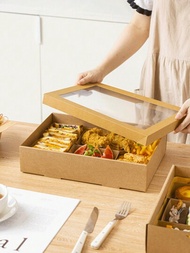 1入組帶蓋野餐盒-戶外露營牛皮紙綁帶裝飾盒，烘焙/普通餐/水果/甜點午餐盒