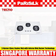 TECNO T 3388TGSV 3-Burner Glass Cooker Hob with Inferno Wok Burner Technology (88cm) (Optic White)