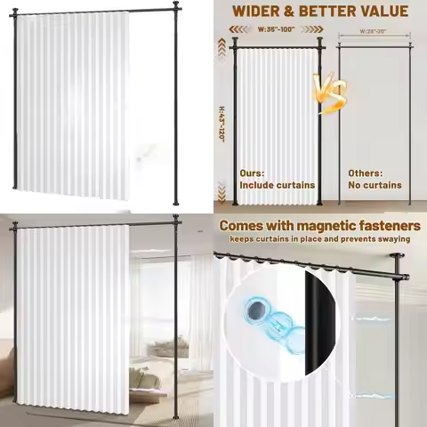 White Soundproof Room Divider Curtain (100x84 in, 1 Panel) with No-Drill Rod, Ideal for Bedroom, Stu