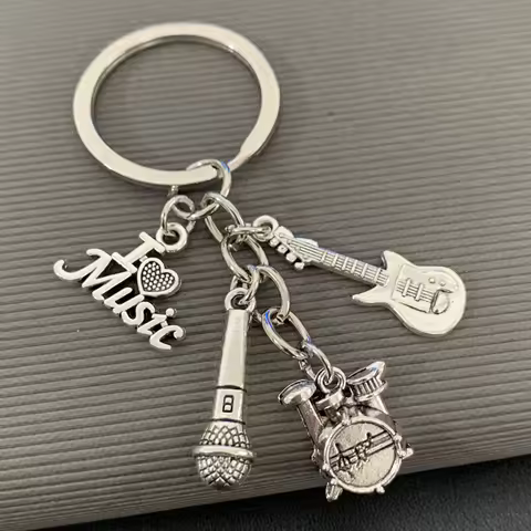 1 piece of classic music alloy keychain, jewelry decoration accessory with drum and guitar microphon