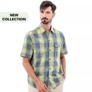 camel active Men Short Sleeve Shirt in Regular Fit with Checkered in Green Cotton Poplin 102-SS23H1776