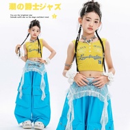 Girls Jazz Dance Outfit Hooded Vest Cargo Pants Set Kids Fashion Kpop Stage Performance Wear
