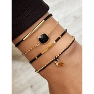 4PCS Charm Simple Black Artificial Crystal Bead Bracelet Set for Women's Party Jewelry Accessories B
