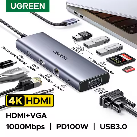UGREEN USB HUB Dual Monitor Type-C to 4K HDMI VGA Gigabit RJ45 SD&TF USB3.0 Ports PD100W Dock for Ma