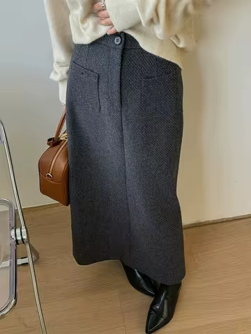 Elegant Women Faux Woolen Pencil Skirts For Office Ladies Pockets Casual Slim High Waist Midi Skirt 