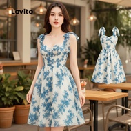 Lovito Boho Dress Lace Up Bow Spring/summer Blue Dress for Women L150AD797
