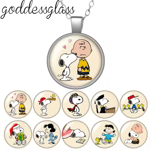 Peanuts Snoopy Charlie Woodstock Cute Round Photo Glass cabochon silver plated pendant necklace jewe