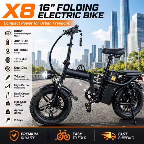 X8 E-Bike 16 Inch Foldable Electric Bike 800W Motor 48V 30Ah Lithium Battery 60-70KM Range Dual Disc