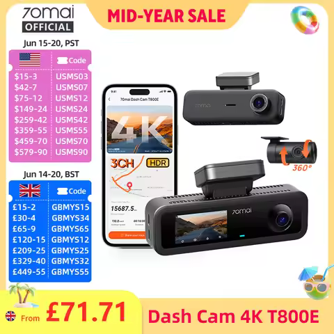 70mai 4K T800E 3-Channel Dash Cam Front Rear Interior 3-in-1 Voice Control 24H Parking Supercapacito