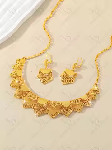 As00068 Dubai Elegant Lady 24K Gold Plated Hollow Geometric Flag Design Handmade Necklace Earrings E