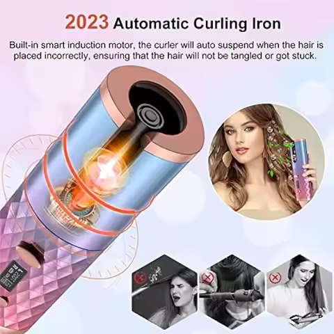 AA51 Automatic Curling Iron, Cordless Auto Hair Curler Portable Rotating Curling Wave Wand Styling T