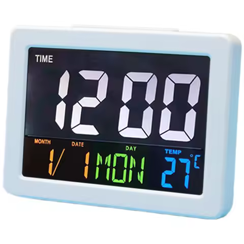 Modern LCD Alarm Clock with Clear Color Screen for Time Date Week and Temperature Readings 13.5x2.5x