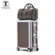 VITRUVIUS行李箱铝合金大容量皮革旅行拉杆箱登机密码箱 棕银色 （全镁合金皮革铝框 ） 20英寸