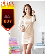 Korean Fashion Women Mini Dress Long Sleeve Bodycon Basic Dress Black/Beige (Beige)