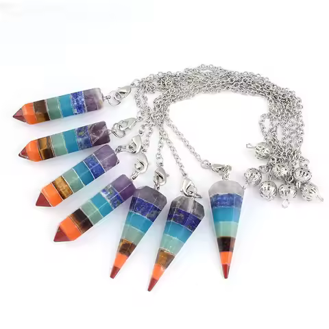 Natural Healing Crystal Quartz Hexagon Prism 7 Chakra Stone Layer Pendulum Pendant Dowsing Divinatio
