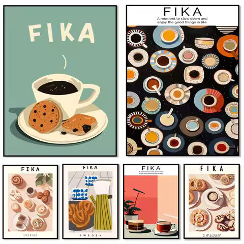 Fika print, cinnamon rolls, cake and coffee, Stockholm art, Scandinavian Swedish food print, dessert