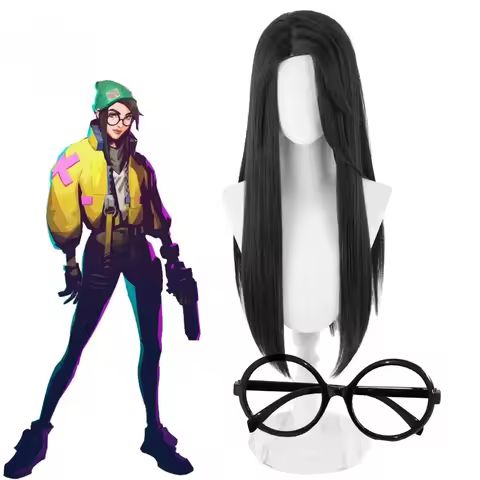 Game VALORANT Killjoy Cosplay Wig or Glasses Long Straight Black Heat Resistant Synthetic Hair Party