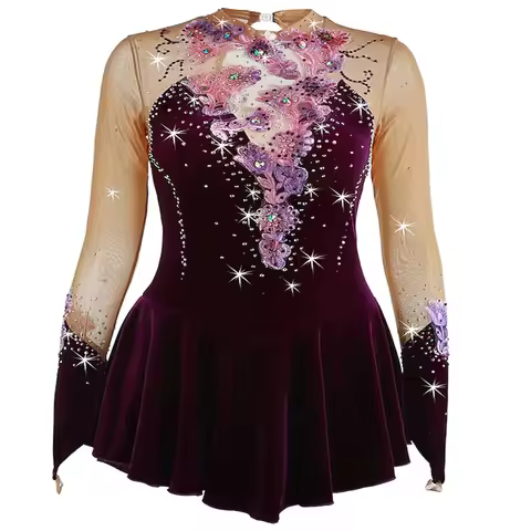 Girls' Ice Skating Dress Spandex High Elasticity Competition Skating Wear Warm Handmade Jeweled Rhin