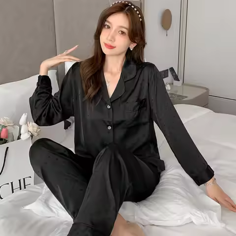 Pajama Ice-Silk Set Women's New Arrival Silk-Feel Ice-Silk Lightweight Long-Sleeve Pajama Set Two-Pi