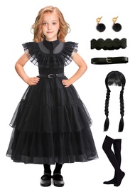Halloween Kids Wednesday Addams Dress Costume Cosplay Girls Black Gothic Dress Up Outfit with Belt P