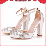 XSHXY · 7cm Thick Heel Pointed Shoes Hollow Square Root Sandals Rhinestone Wedding Women White Brida