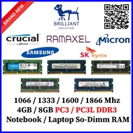 (New Unit) Crucial Micron Samsung Hynix Ramaxel DDR3 4GB 8GB 12800 10600 Notebook RAM 1866Mhz 1600Mh