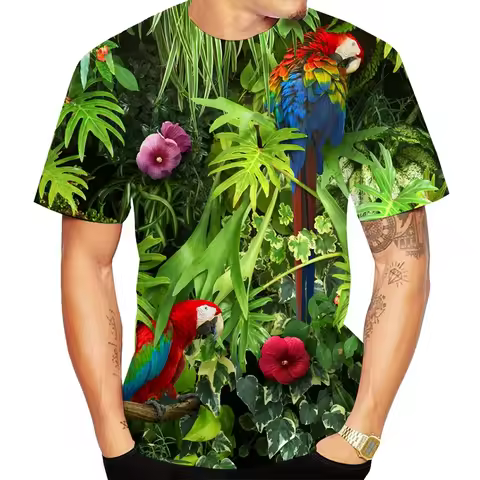 2024 Summer Men Casual 3D Printed Parrot T-shirt Flower Tees Hip Hop Tee Brid 3D Print Cool Tops Uni