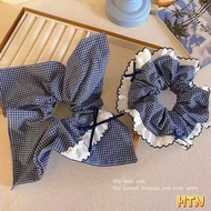 Set of 2 Scrunchie Fabric Blue Black & White Ruffle Edge for Fashion Women Scrunchie Set