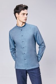 G2000 - 男士 100%全棉立領斜紋梭織長袖恤衫 (藍色)