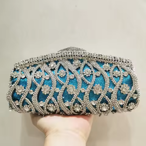 Women Sky Blue Crystal Clutch Purse Stones Evening Bags Metal Hollow Box Minaudiere Handbag Bridal B