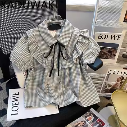 Bow Lace Up Peter Pan Collar Crop Top Sweet Ruffles Puff Short Sleeve Casual Shirts Single Breasted
