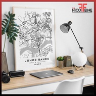 [Poster Only] Johor Bahru Minimal City Map Black and White Art Large Poster Print / Wall Art