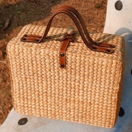 vintage luggage woven bag basket with leather handle travel bag