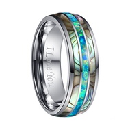 BONLAVIE Mens 8mm Tungsten Carbide Ring Green Opal and Abalone Shell Wedding Engagement Ring Band Si