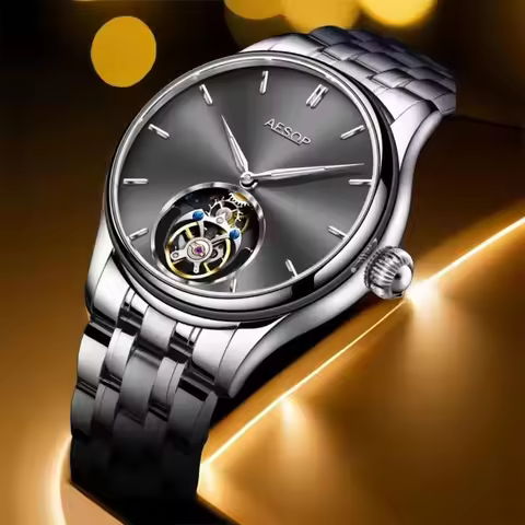 AESOP Skeleton Clock Business Men Wrist Watch Mechanical Hand Wind Off-axis Real Tourbillon Sapphire