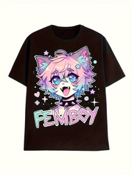 Women's FEMBOY Cat Ears Characters Bold FEMBOY Anime Style Graphic Men T Shirt Streetwear Tee Oversi