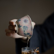 Hand-Painted Peony Gaiwan - Pink Slip Underglaze, Coarse Pottery Tea Brewing Vessel