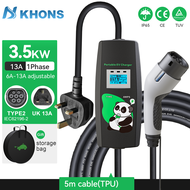KHONS Portable EV Charger 3 Pin Type2 UK Plug Connector 1Phase 5m TPU Cable 13A EV Car Charger for E