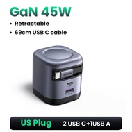 Ugreast ที่ชาร์จ GaN แบบ2/3/4พอร์ตกำลังไฟ45W/65W/100W พร้อมสายยืดหดได้69ซม. รองรับ2.0ชาร์จเร็วมากสำห