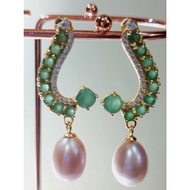 #E73 100% Natural Gemstone Emerald Earrings & Pink Pearl 14K Yellow Gold Plated 925 Sterling Silver