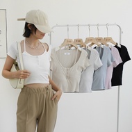 [Fee Arrive The Next Day 7 Colors] Sexy Open Button Cotton Chest Pad T-Shirt Fake Two-Piece Cup Neck