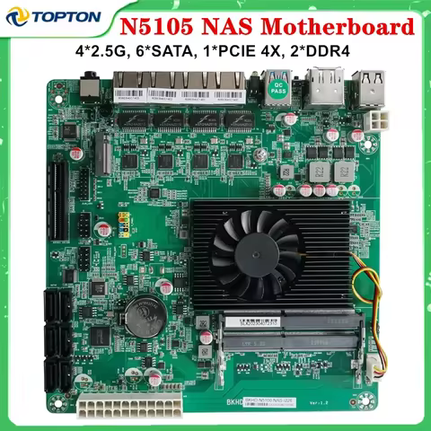 N5105 NAS Motherboard Intel Celeron N5105 N5100 4 Cores 6*SATA3.0 4*2.5G i226 1*PCIE 4x 17x17CM 2*DD