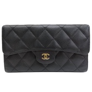 黑色 菱格紋 荔枝牛皮 釦式 三折長夾【CHANEL 香奈兒】 AP0241